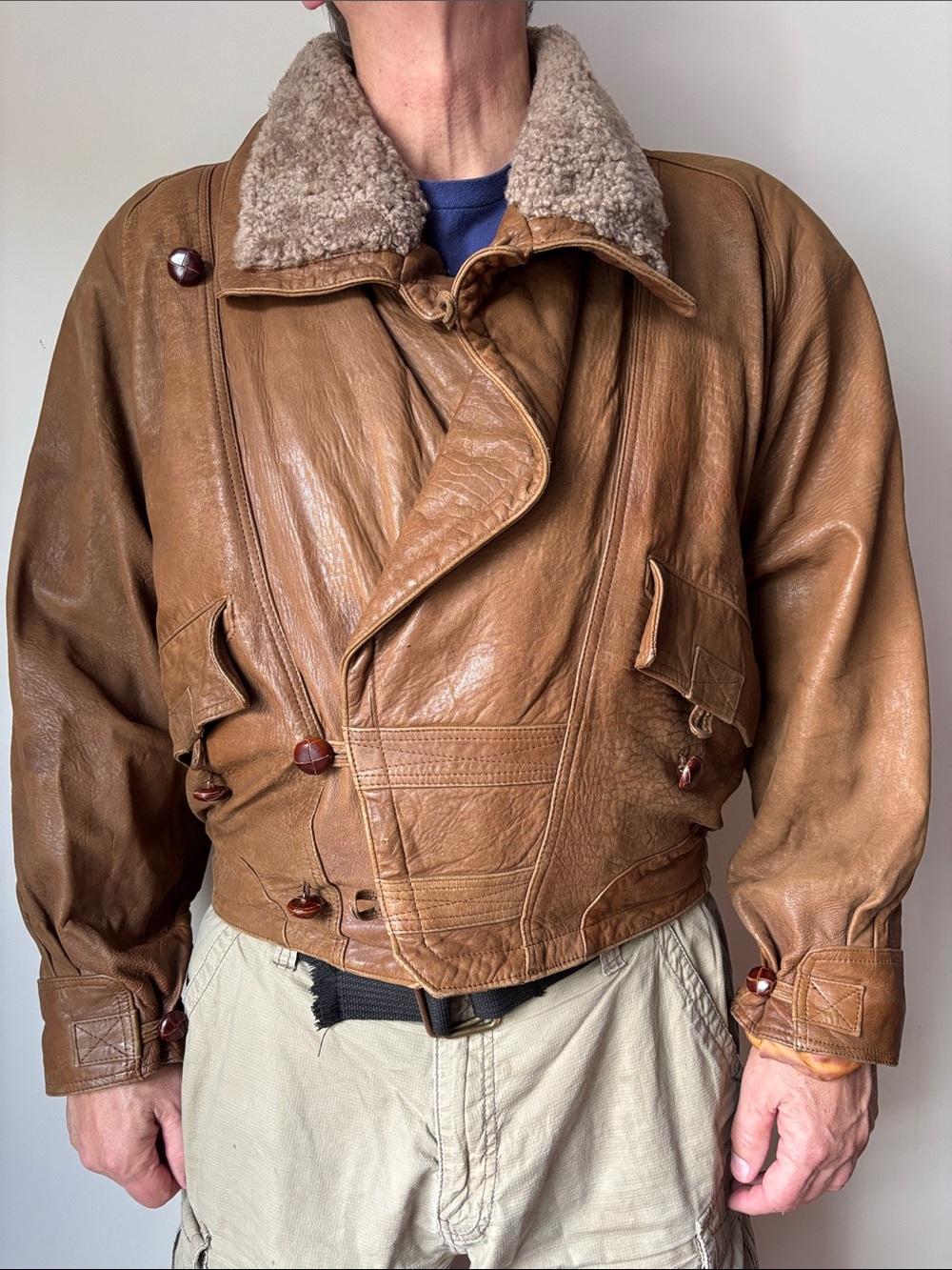 Pelle Studio Men’s Leather Bomber Jacket with Shearling Collar